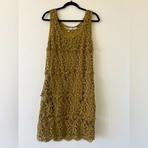 Solitaire By Ravi Khosla Crochet/Lace Sleeveless Dress Olive Green With Slip M